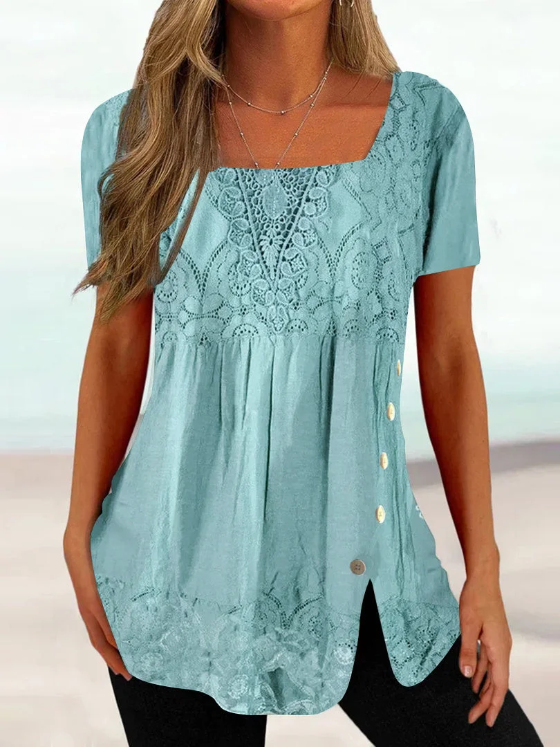 Women's Short Sleeve U-neck Printed Solid Lace Button Top