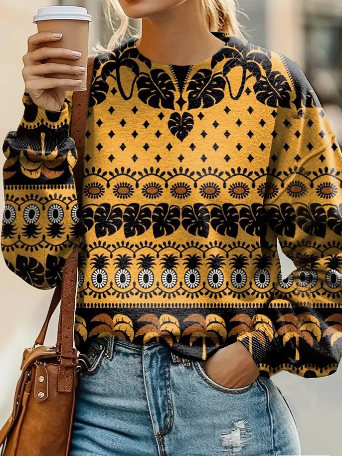 Retro Plant Pineapple Pattern Art Print Casual Sweatshirt