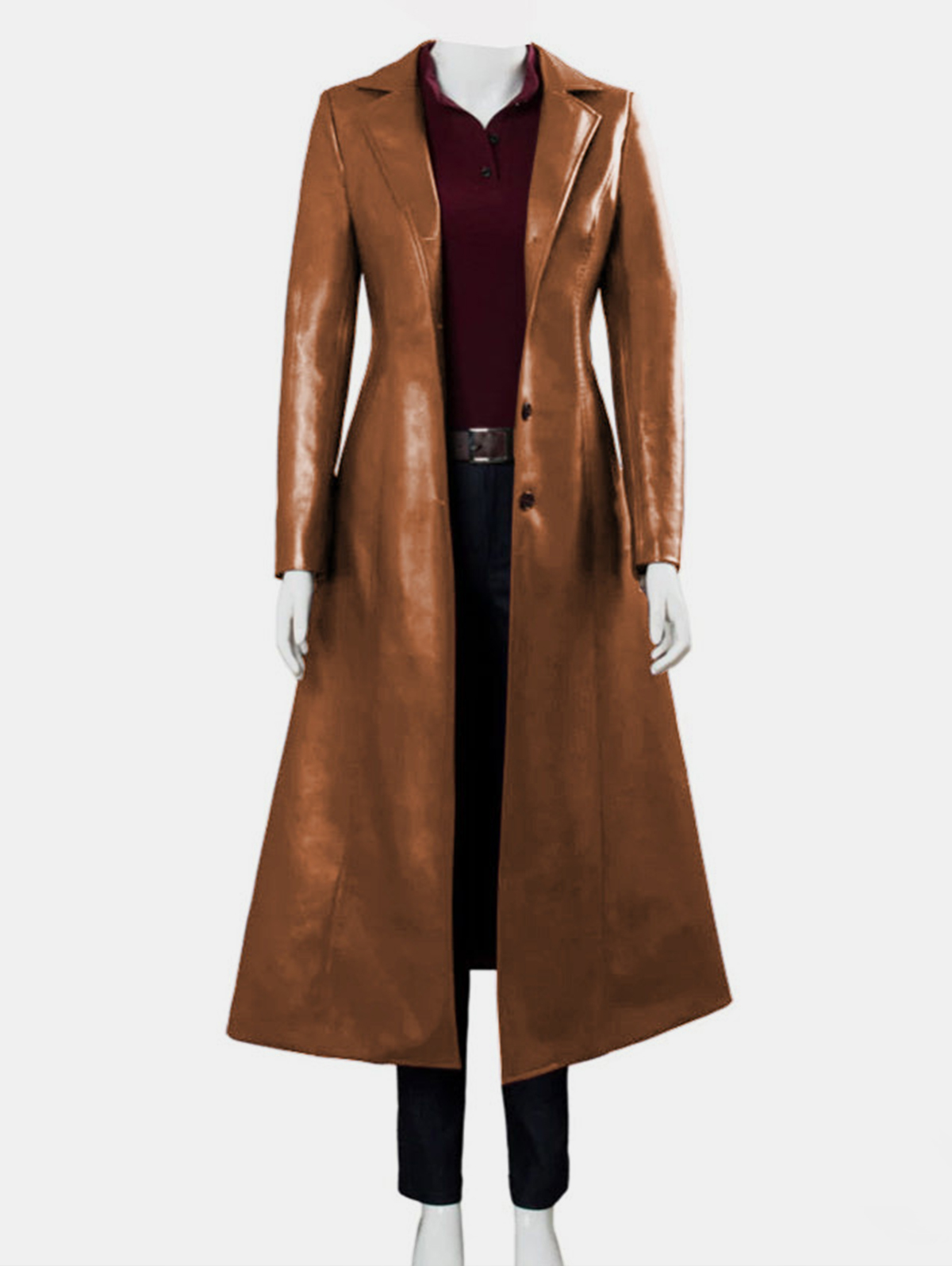 Casual Notched Lapel Two Button PU Leather Trench Coat