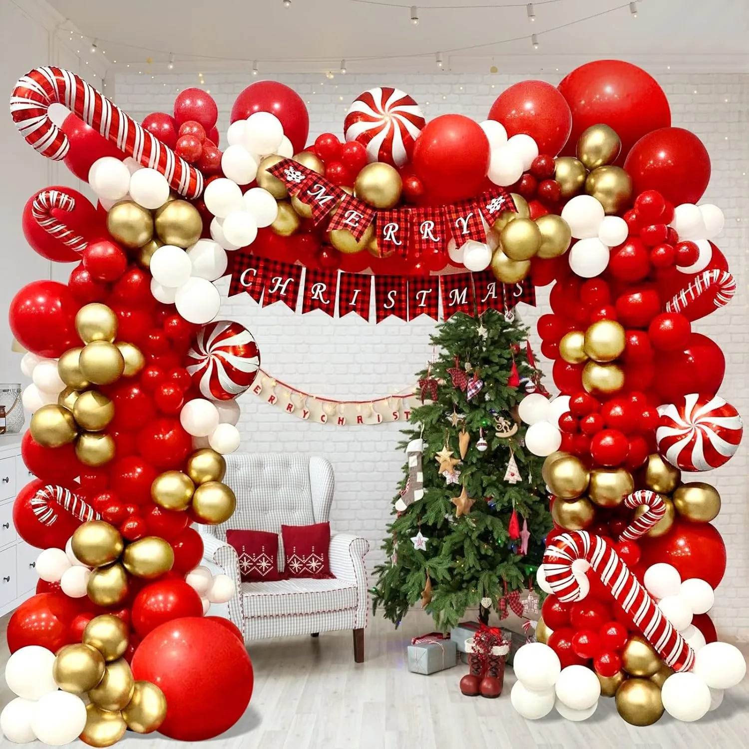 Tegooe 156PCS Red Gold Balloon Arch Kit - DIY Christmas Candy Cane Party Decor