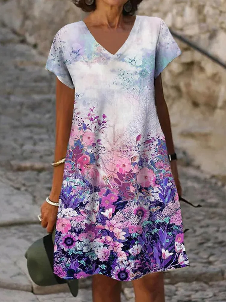 Floral Art Print Short Sleeve V Neck Mini Dress