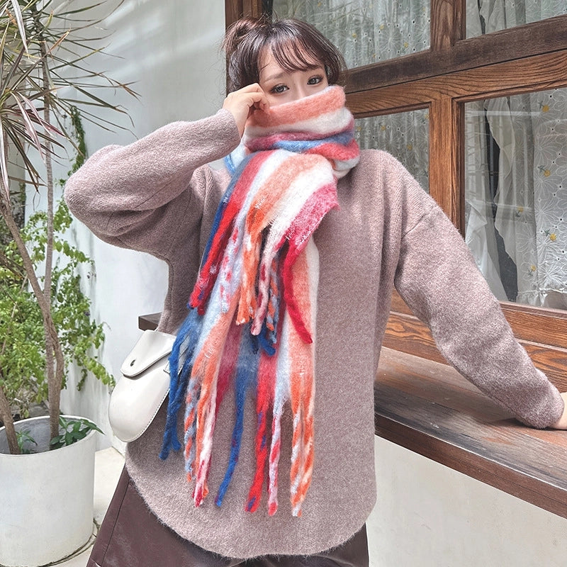Latest Mohair Striped Tassel Scarf Fashion Geometric Gradient Shawl Japanese And Korean Versatile Thickened Scarf