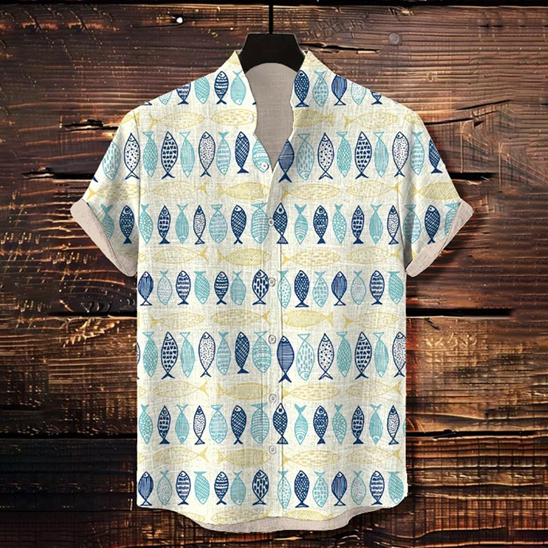 Comstylish Men's Fish Arrangement Art Print Casual Shirt