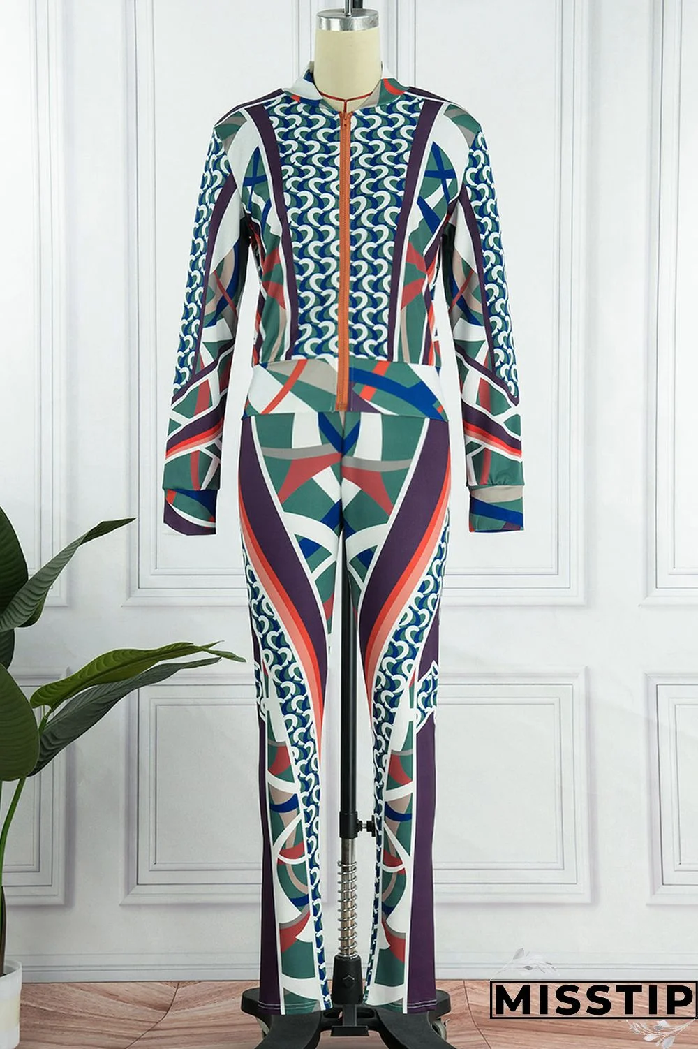 Black Casual Print Patchwork Zipper Collar Long Sleeve Two Pieces