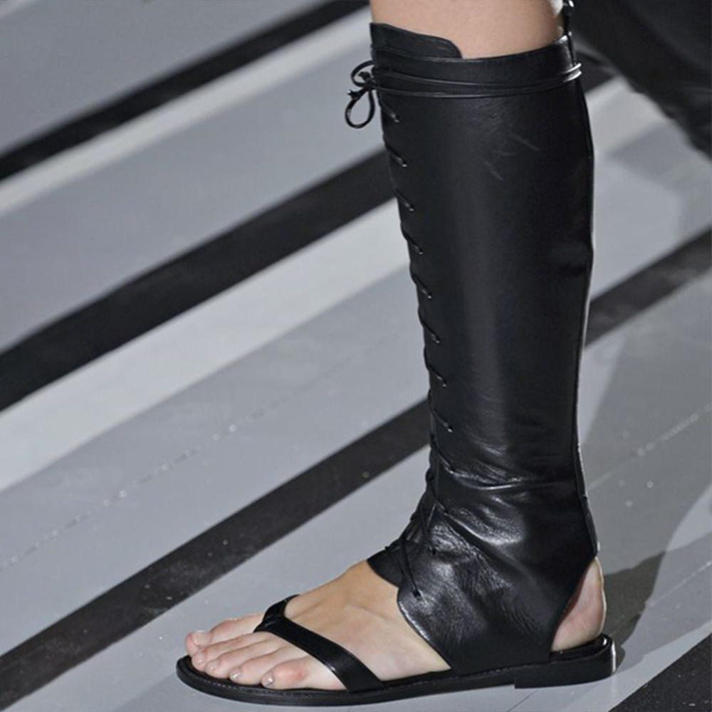 Black Opened Toe Knee High Sandal Flat Boots Nicepairs