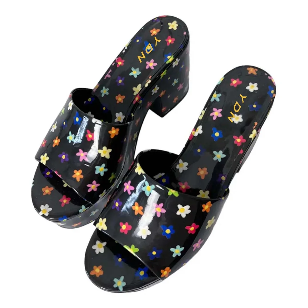 Black Patent Leather Chunky Heel Platform Sandals with Flower Print