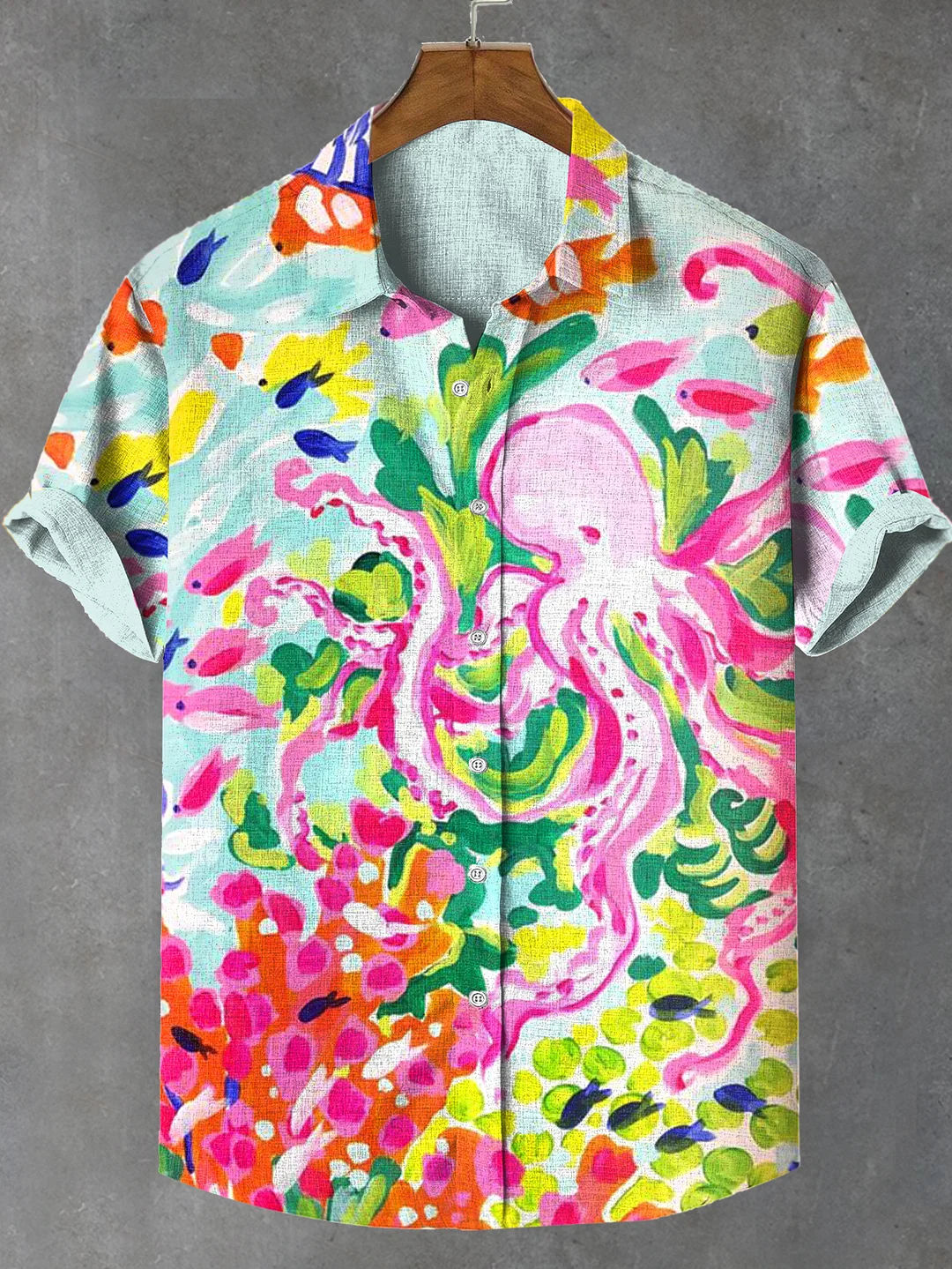Men's Summer Octopus Sea Creatures Brutalist Abstract Art Print Linen Blend Shirt