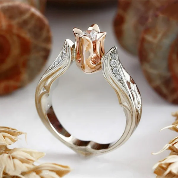 New luxury fashion party engagement ring exquisite women's 925 sterling silver and 18K rose gold flower ring natural white sapphire diamond anniversary gift jewelry bride wedding ring size 5-11