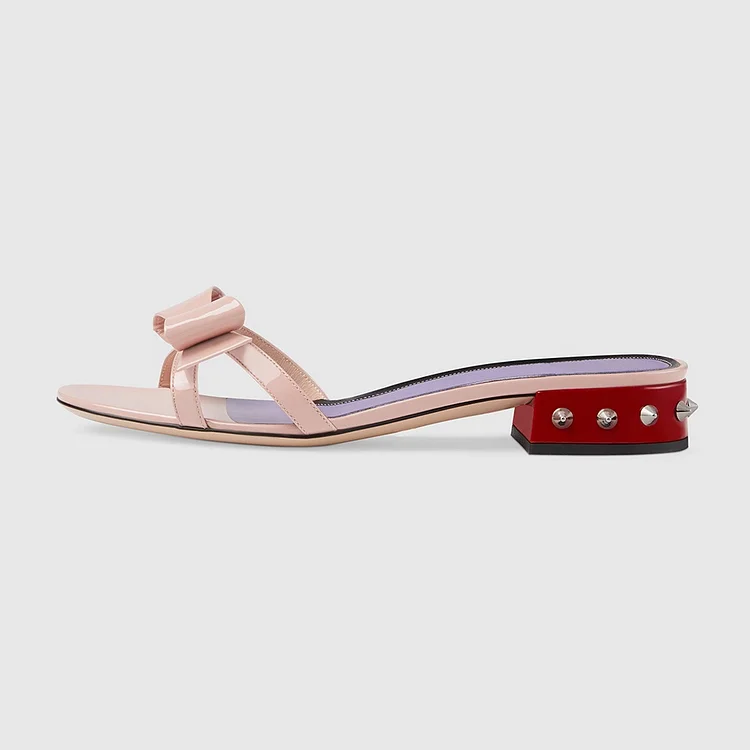 Orchid and Nude Patent Leather Bow Block Heel Women's Slide Sandals |FSJ Shoes