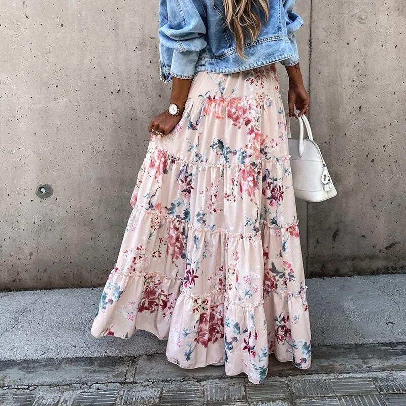 Women Summer Asymmetrical Bohemian Boho Midi Skirts Vintage Beach Long Floral High Waisted Maxi Skirt Casual Fashion Streetwear