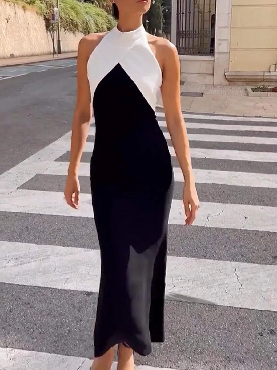 Elegant classic sleeveless black and white evening dress