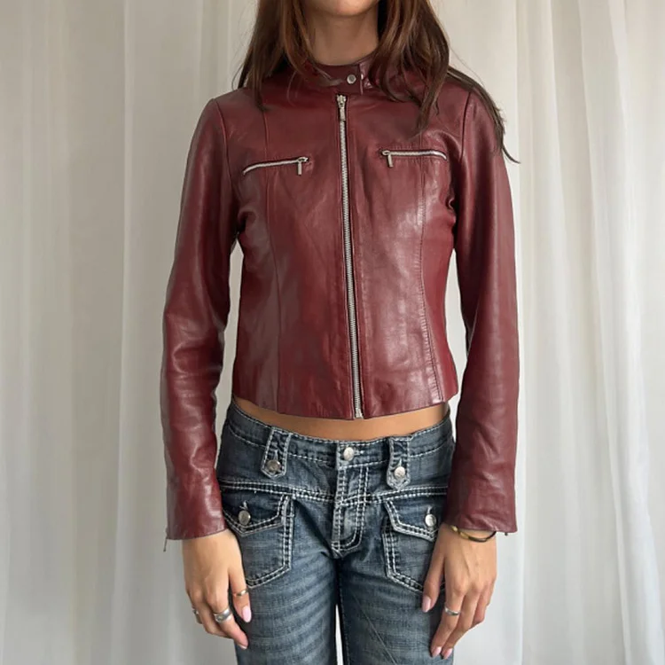 Women's Slim Fit Stand Collar Red Jacket Vintage Zipper UP Motorcycle Jacket