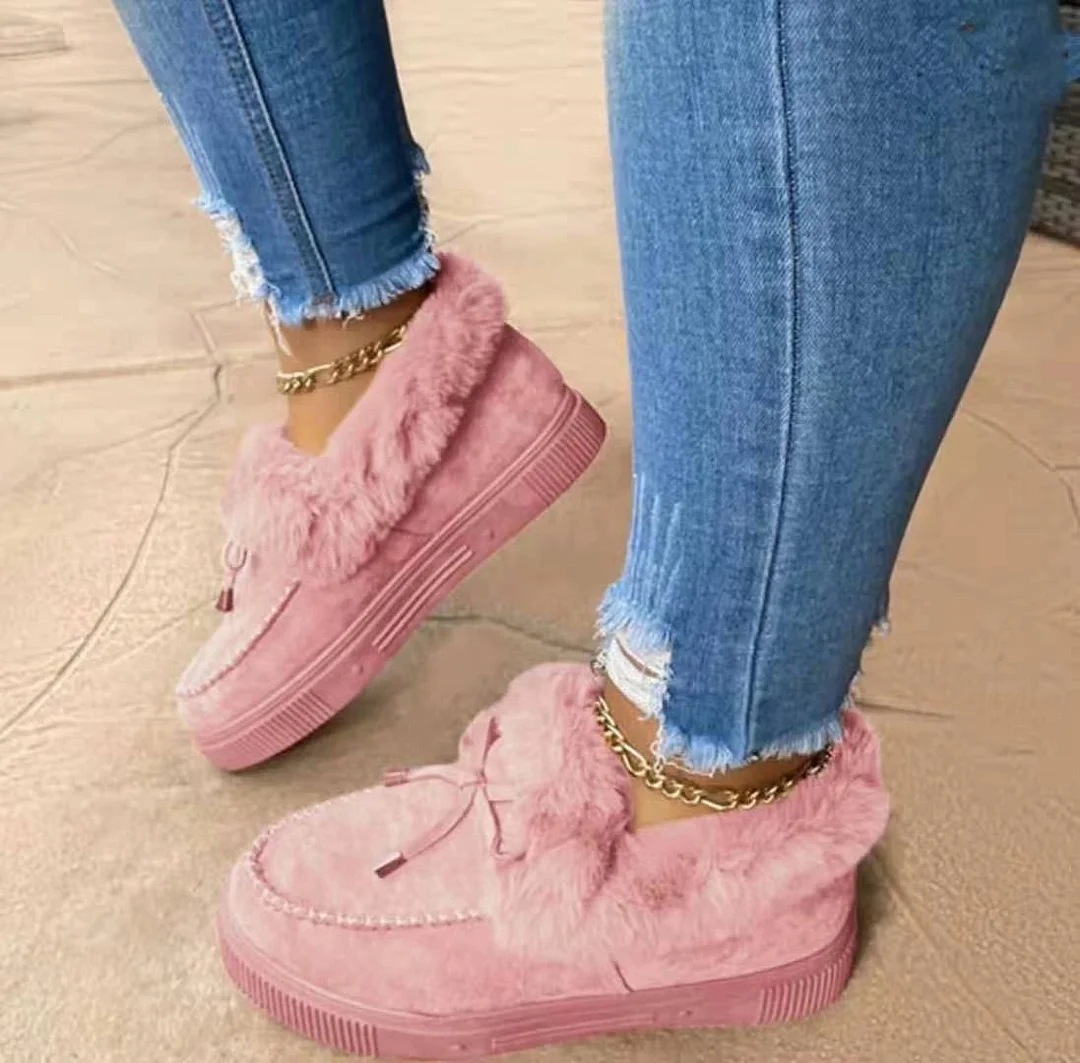 New Women Winter Cotton Shoes Ladies Bowknot Plush Warm Snow Boots Casual Solid Color Flat Short Boots Furry Females Feetwear