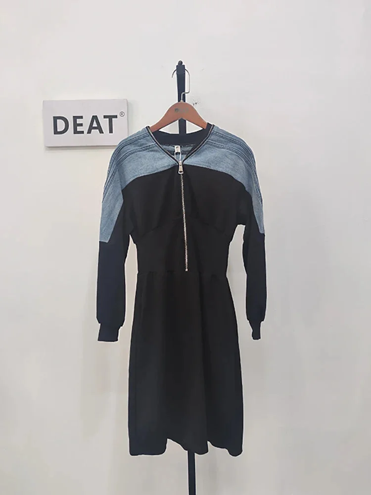 Huibahe Women Denim Dress Patchwork Zipper V-neck High Waist Long Sleeve Contrast Color Mid-calf Dresses 2024 Summer Fashion 29L81