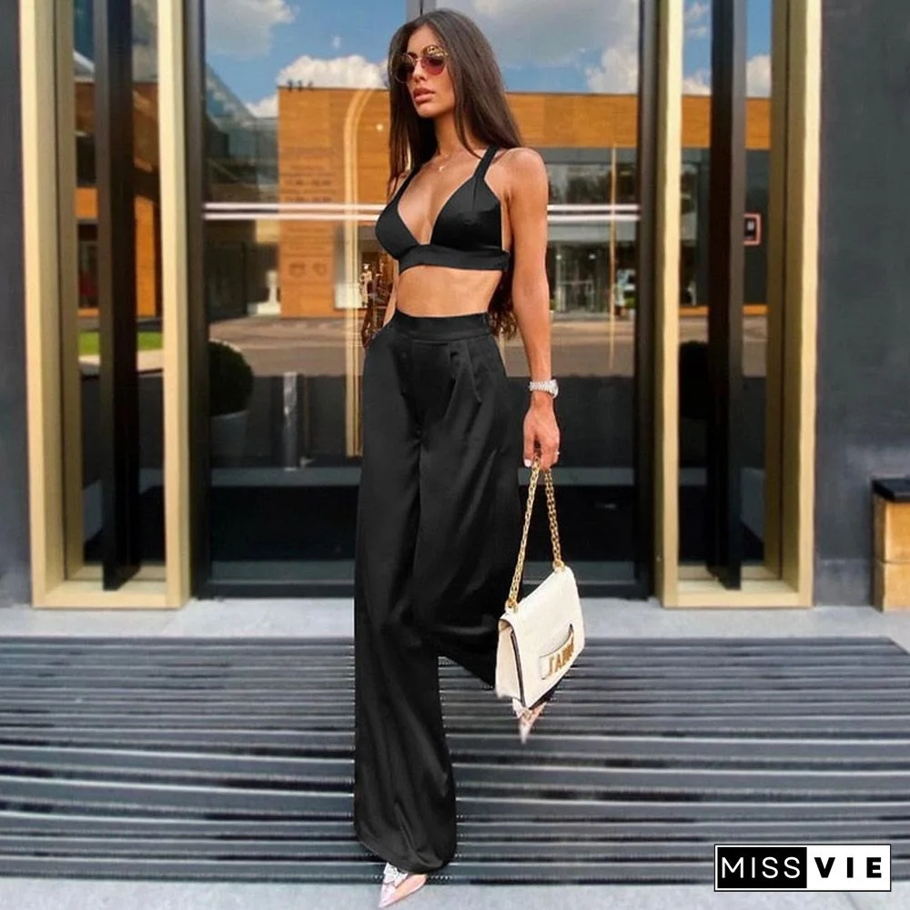 Silky Satin Camis Crop Top And Pants 2 Piece Set For Women Matching Sets Outfits Sexy High Waist Pants Streetwear