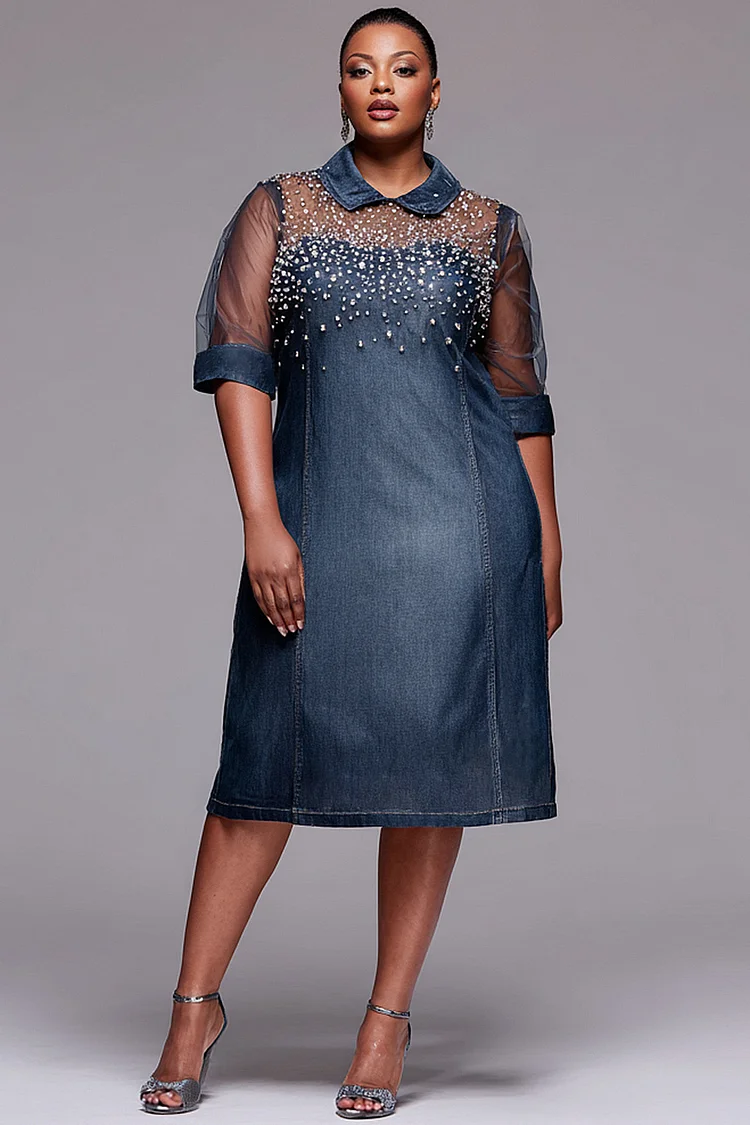 Xpluswear Design Plus Size Party Tulle Blue Shirt Collar Short Sleeve Drilling See Through Tencel Denim Midi Dresses [Pre-Order] 2024 - Xpluswear