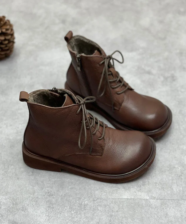 Coffee Boots Cowhide Leather Warm Fleece Beautiful Lace Up Boots 