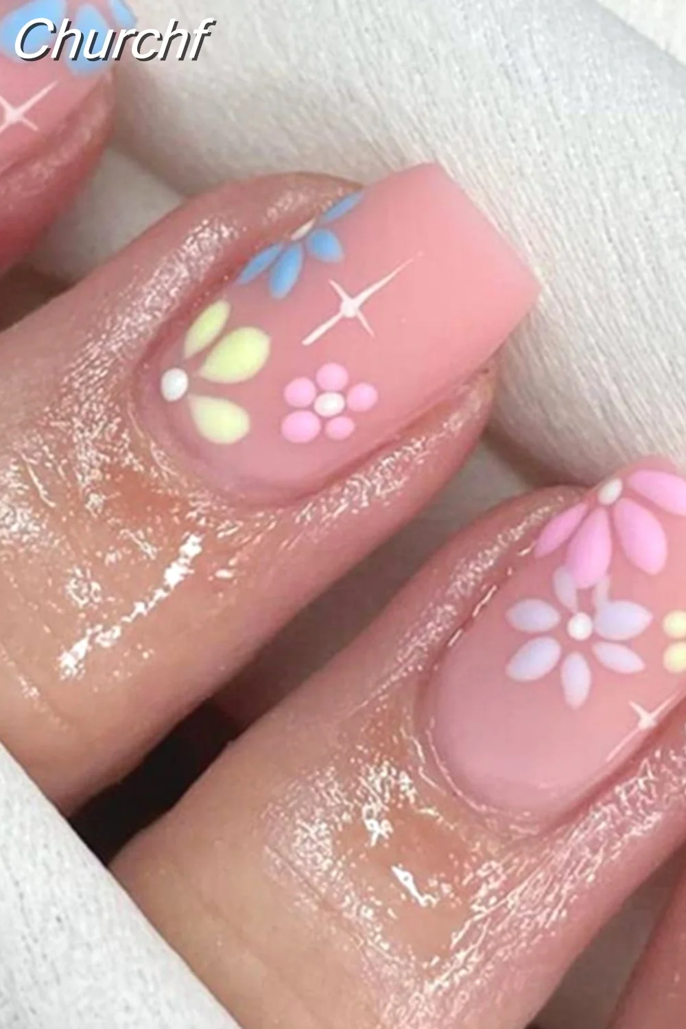Churchf Wave Line Short Ballet French False Nails With Flower design Square Head Fake Nail Tips Simple Wearable Press On Nails-Nail Inspo