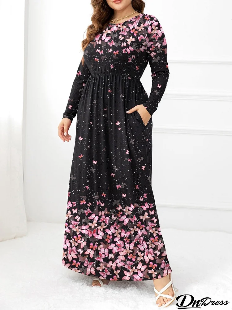 Plus Size Round Neck Maxi Dress with Pockets