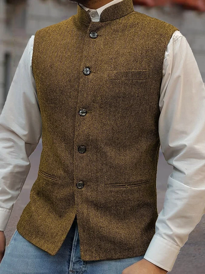 Fashion Temperament Men's Single-Breasted Zhongshan Collar Design Slim Vest Vest