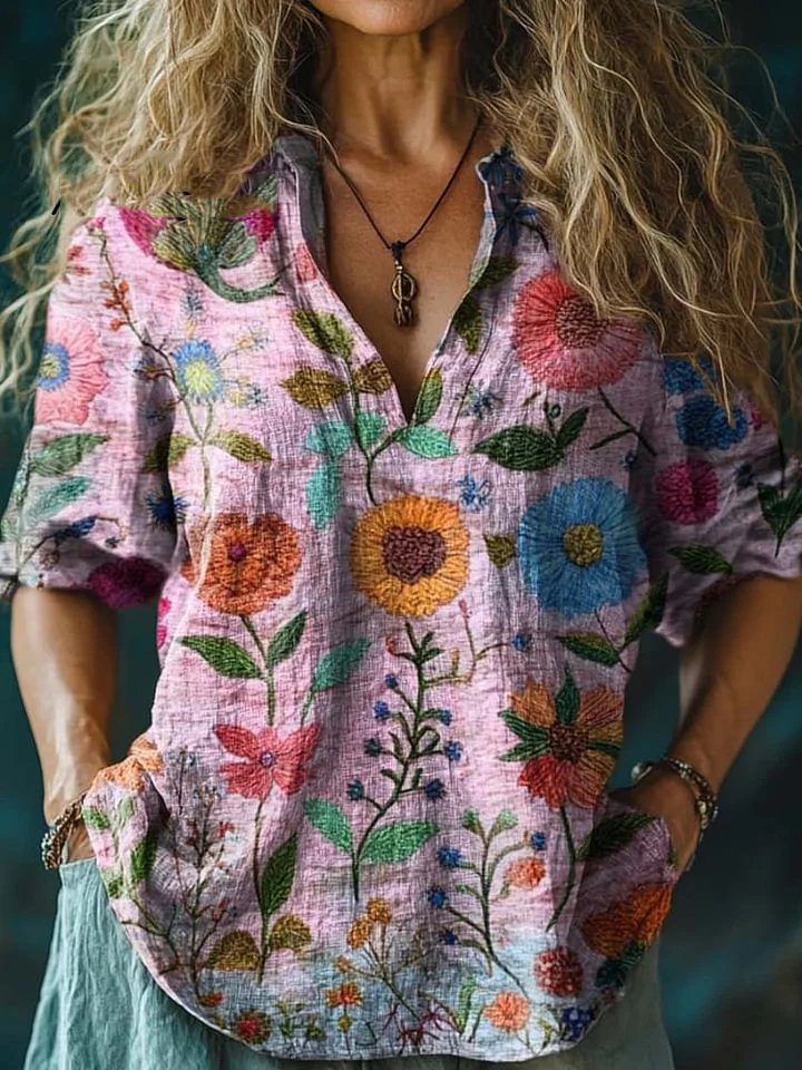 Women's Vintage Floral Print Casual Linen V Neck Shirt