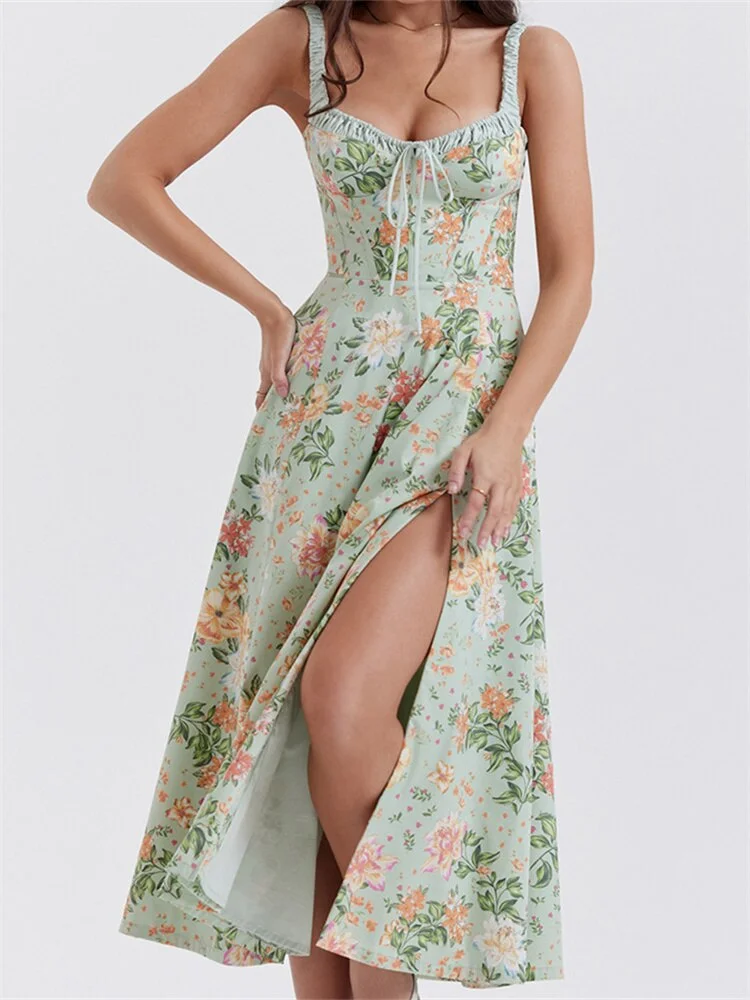 Retro Women Sleeveless Strap High Split Long Dress Square Collar Ruffles Floral Print Boho Dress Ruched Vestidos 2023