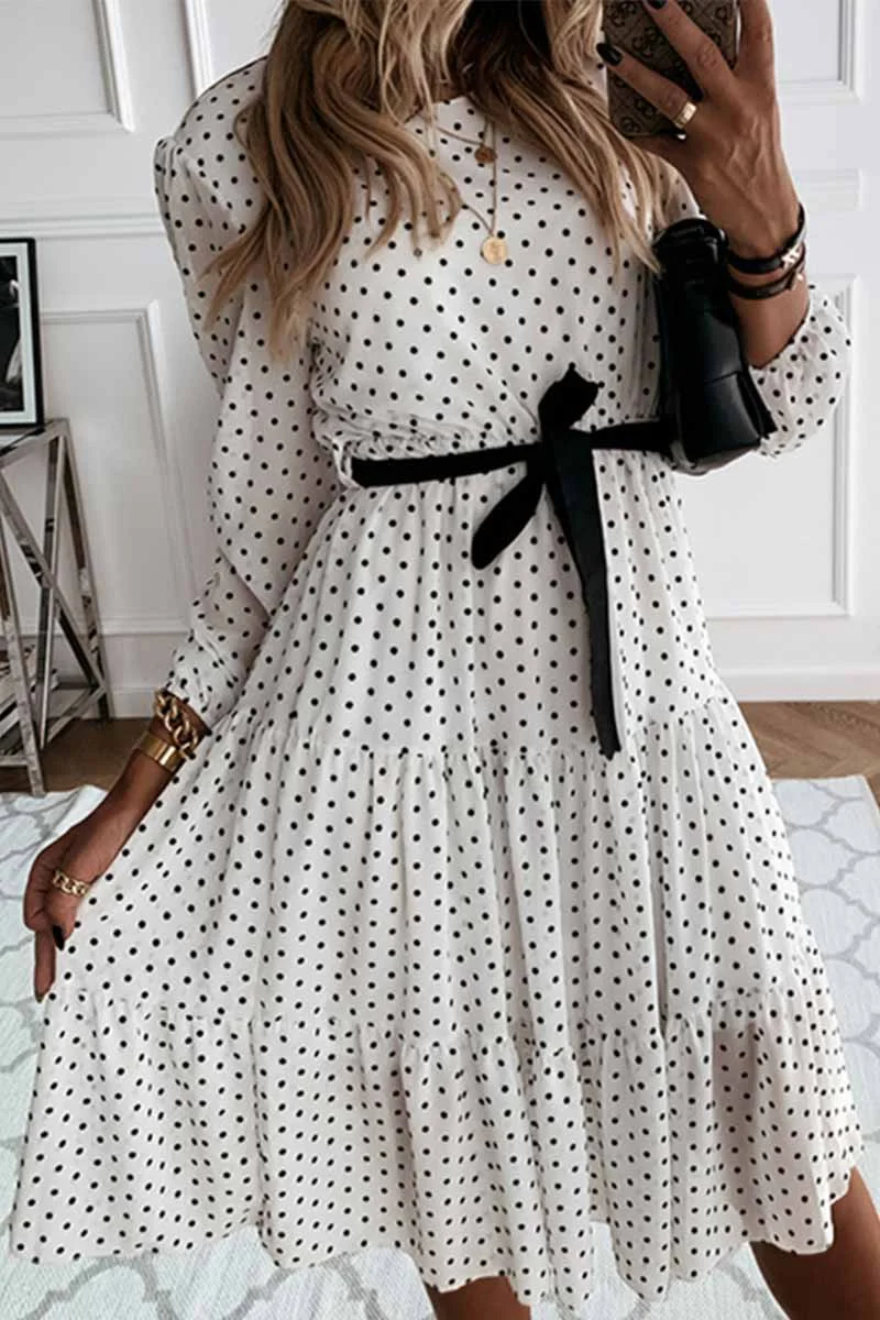 Elegant Dot Print Round Neck Tie Midi Dress