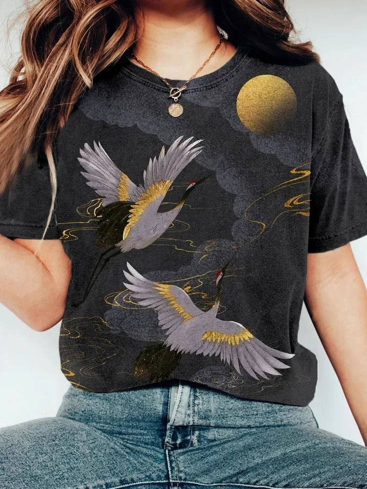 Japanese Cranes Flight To Golden Moon Art Print T-shirt