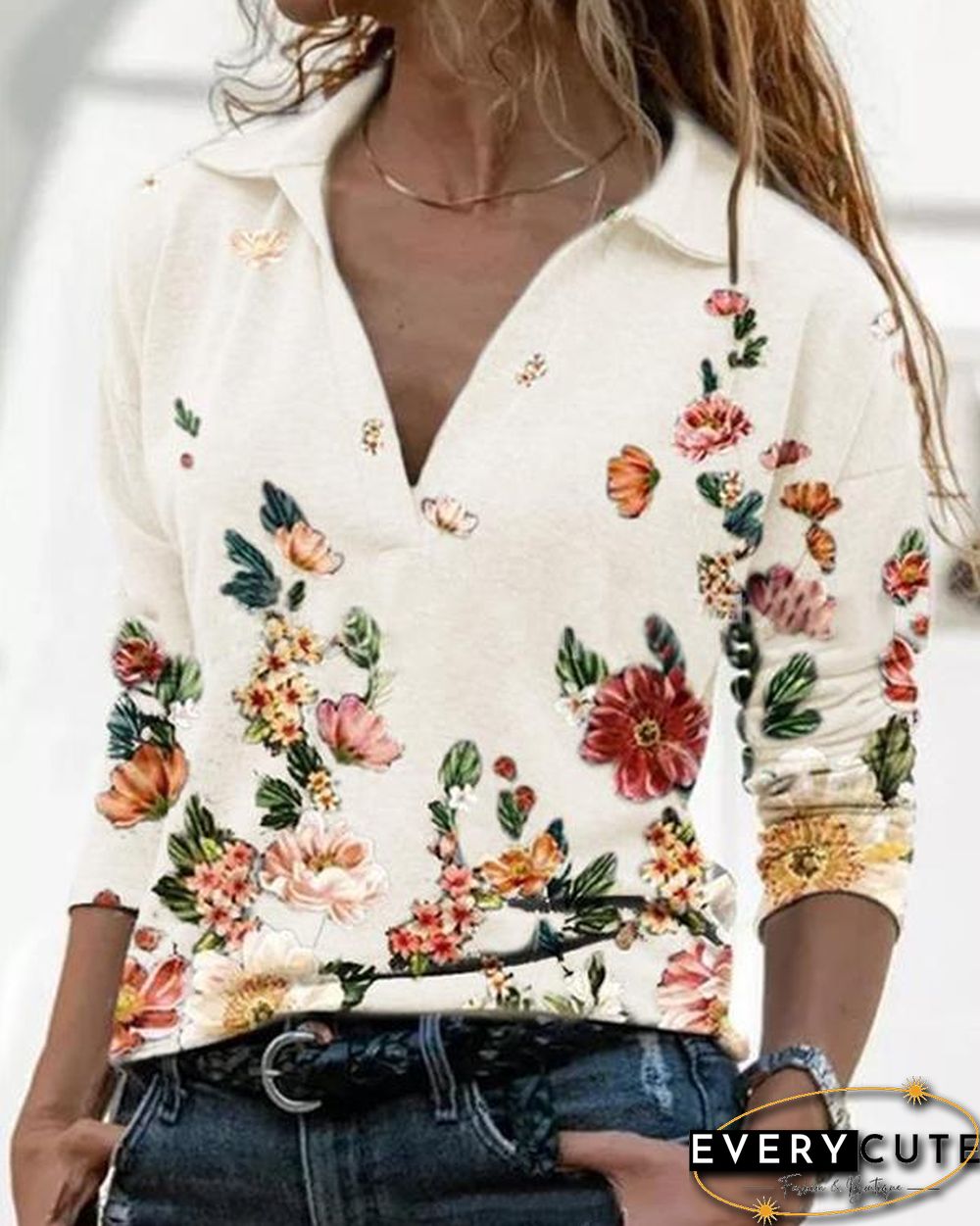 Women Printed Long Sleeve V Neck Shirts