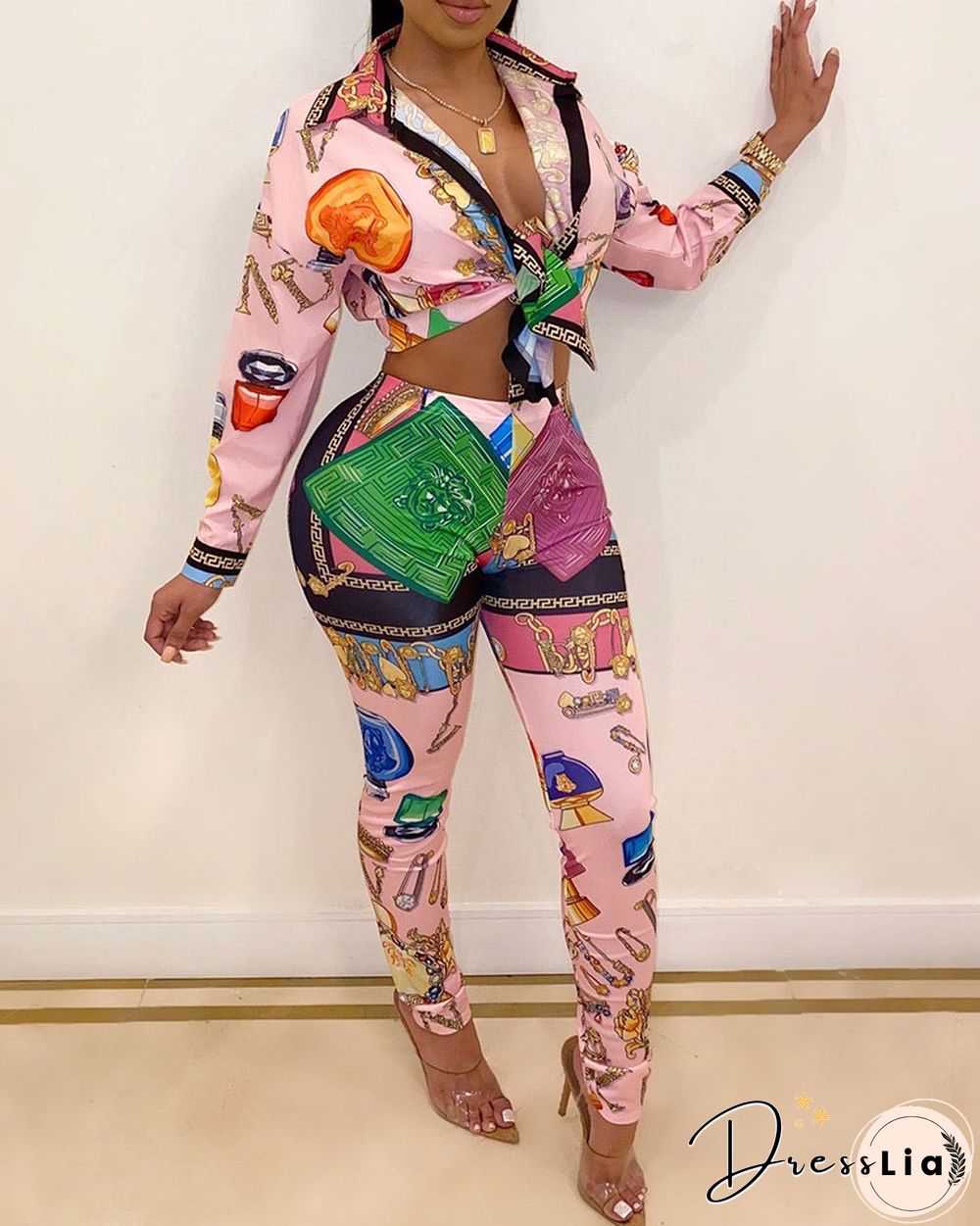 Scarf Graphic Print Long Sleeve Top & Pants Set