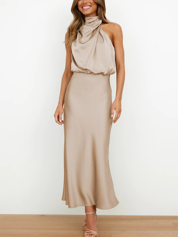 Halterneck Sleeveless Solid Color Stain Midi Dress