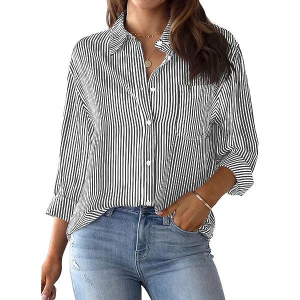 AISEW Womens Button Down Shirts Striped Classic Long Sleeve Collared Office Work Blouses Tops with Pocket X-Large Blue