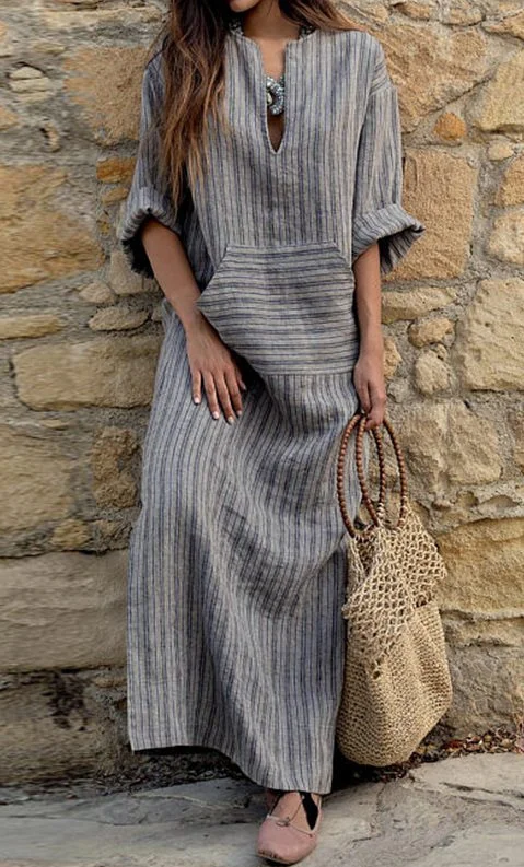 Cotton Linen Yarn Dyed Stripe Loose Long Dress