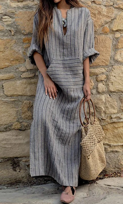 Cotton Linen Yarn Dyed Stripe Loose Long Dress Kmmey
