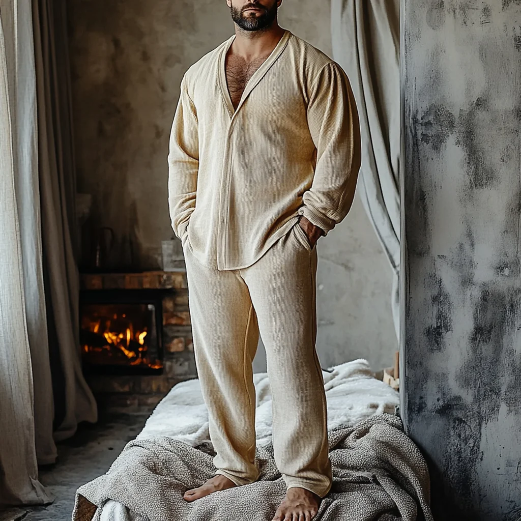 Men's Minimalist Autumn And Winter Warm And Comfortable Casual Pajamas And Pants Two-piece Set-inspireuse