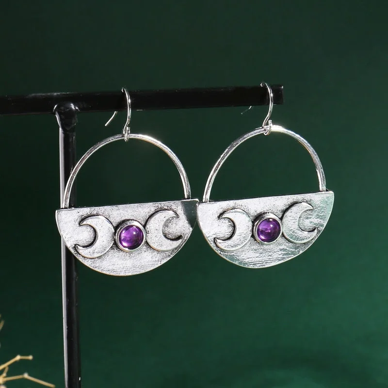 2022 Vintage Metal Crescent Dangle Earrings Inlay Purple Stone Hypoallergenic Women's Hook Drop Earrings Jewelry
