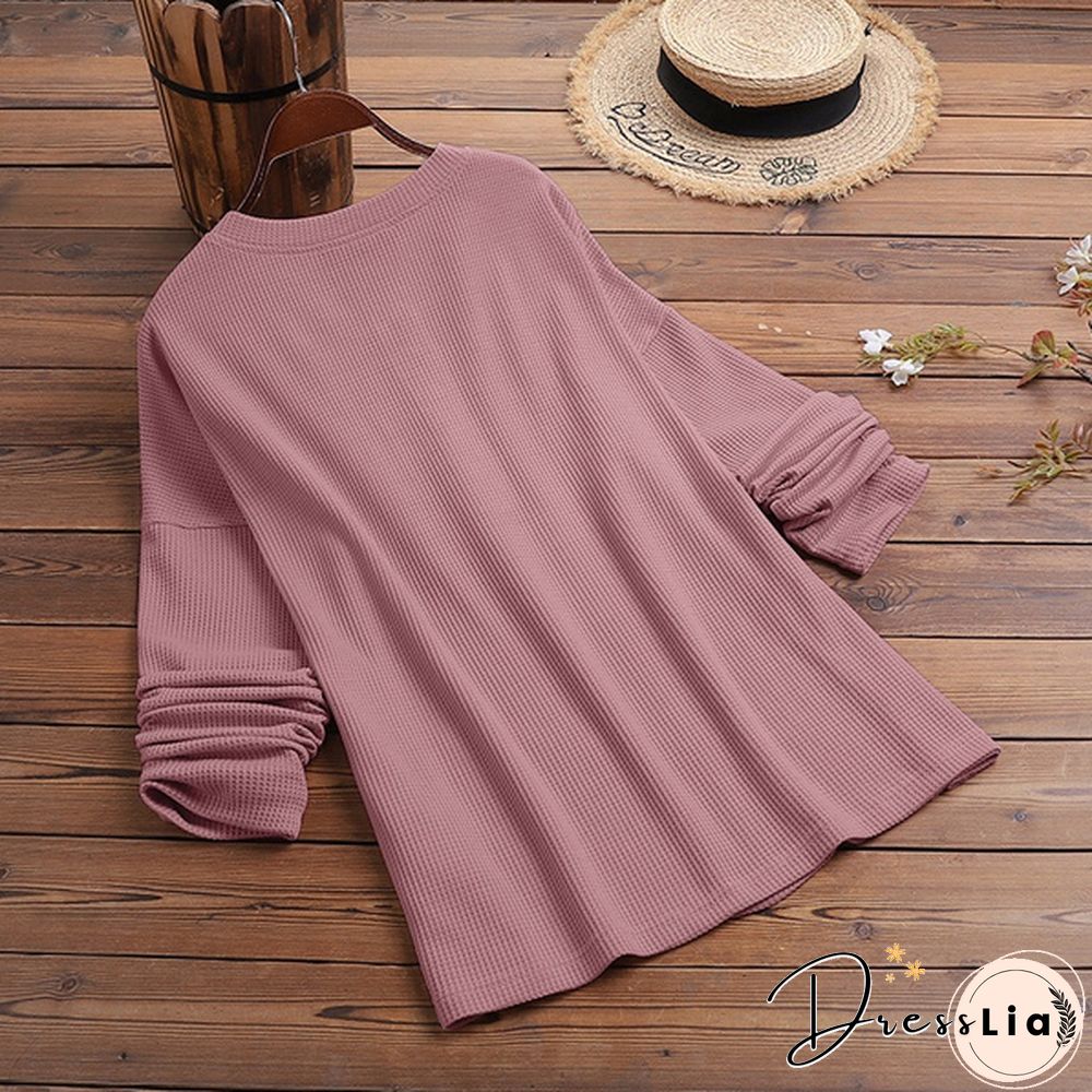 ZANZEA Women Long Sleeve Henley Waffle Top Spring Autumn Casual Slim Blouse