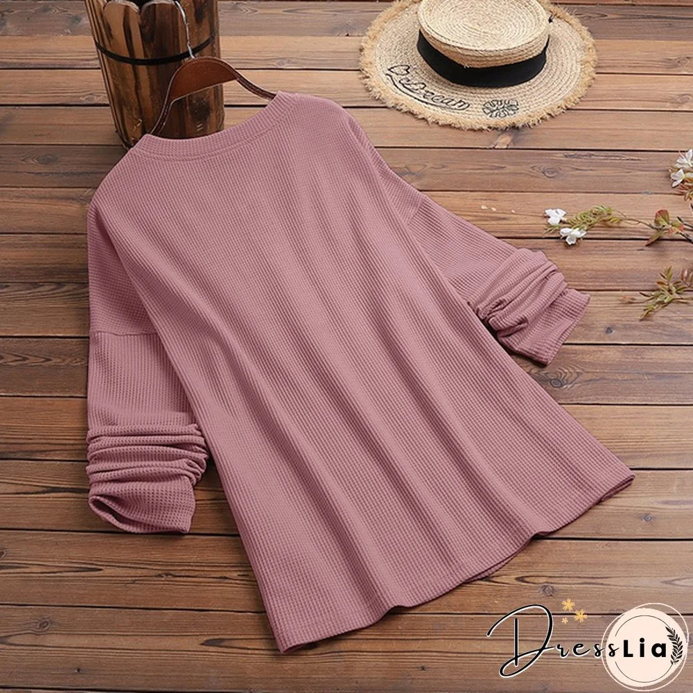 ZANZEA Women Long Sleeve Henley Waffle Top Spring Autumn Casual Slim Blouse