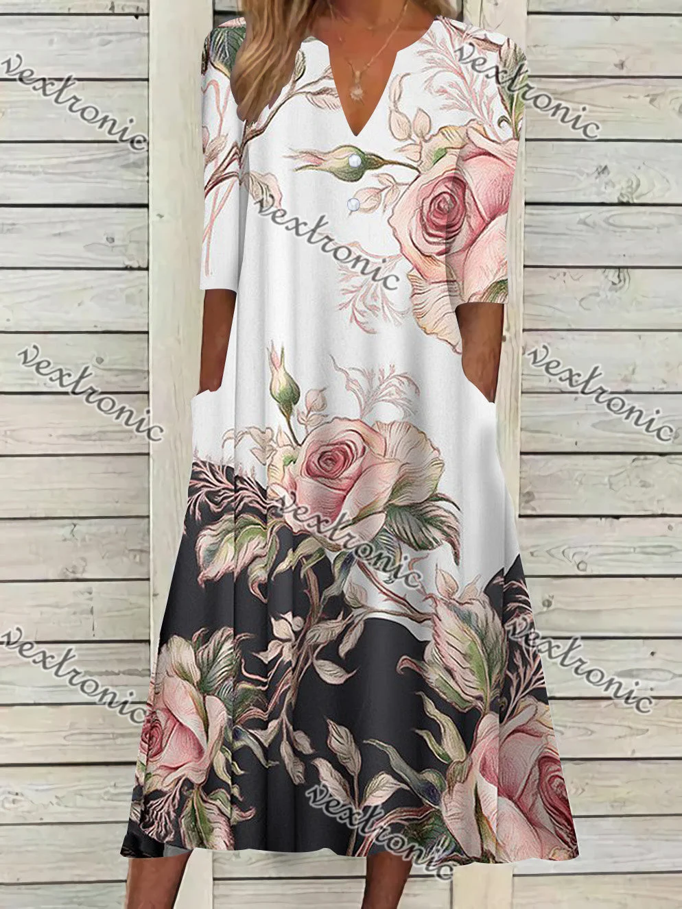 Women's Short Sleeve V-neck Pink Floral Printed Midi Dress