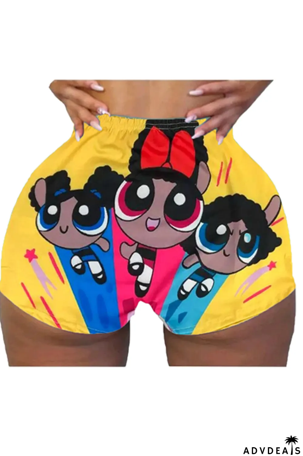 cartoon Milk Silk Elastic Fly High Print Straight shorts Bottoms