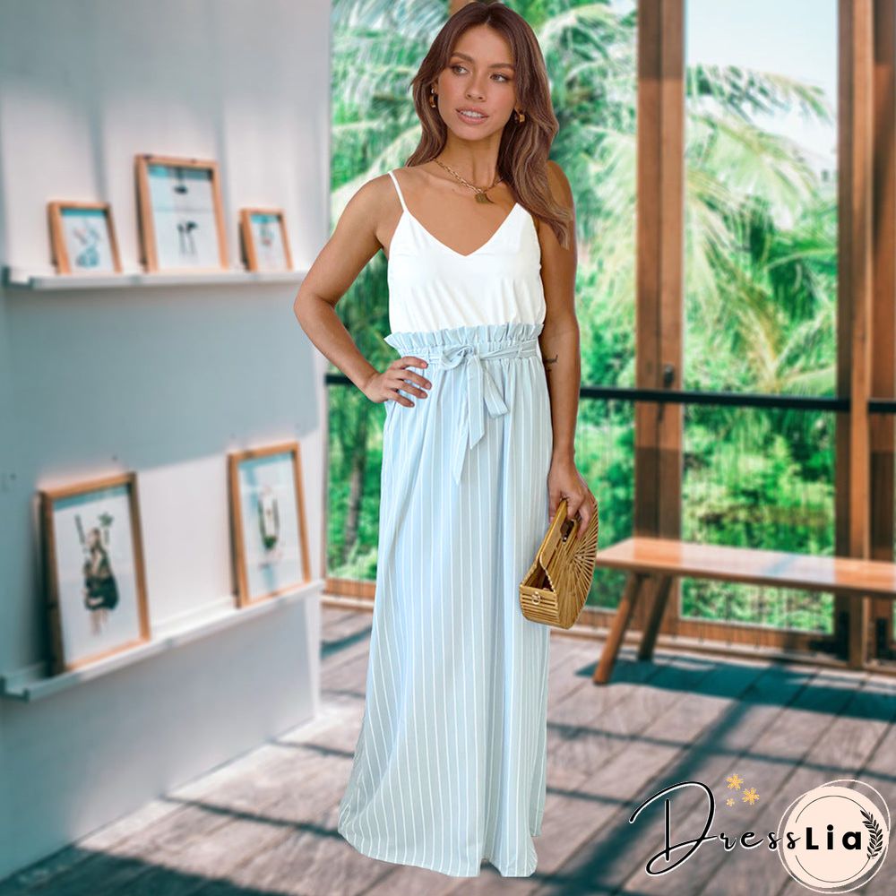 Waist Tie V Neck Spaghetti Strap Maxi Dress