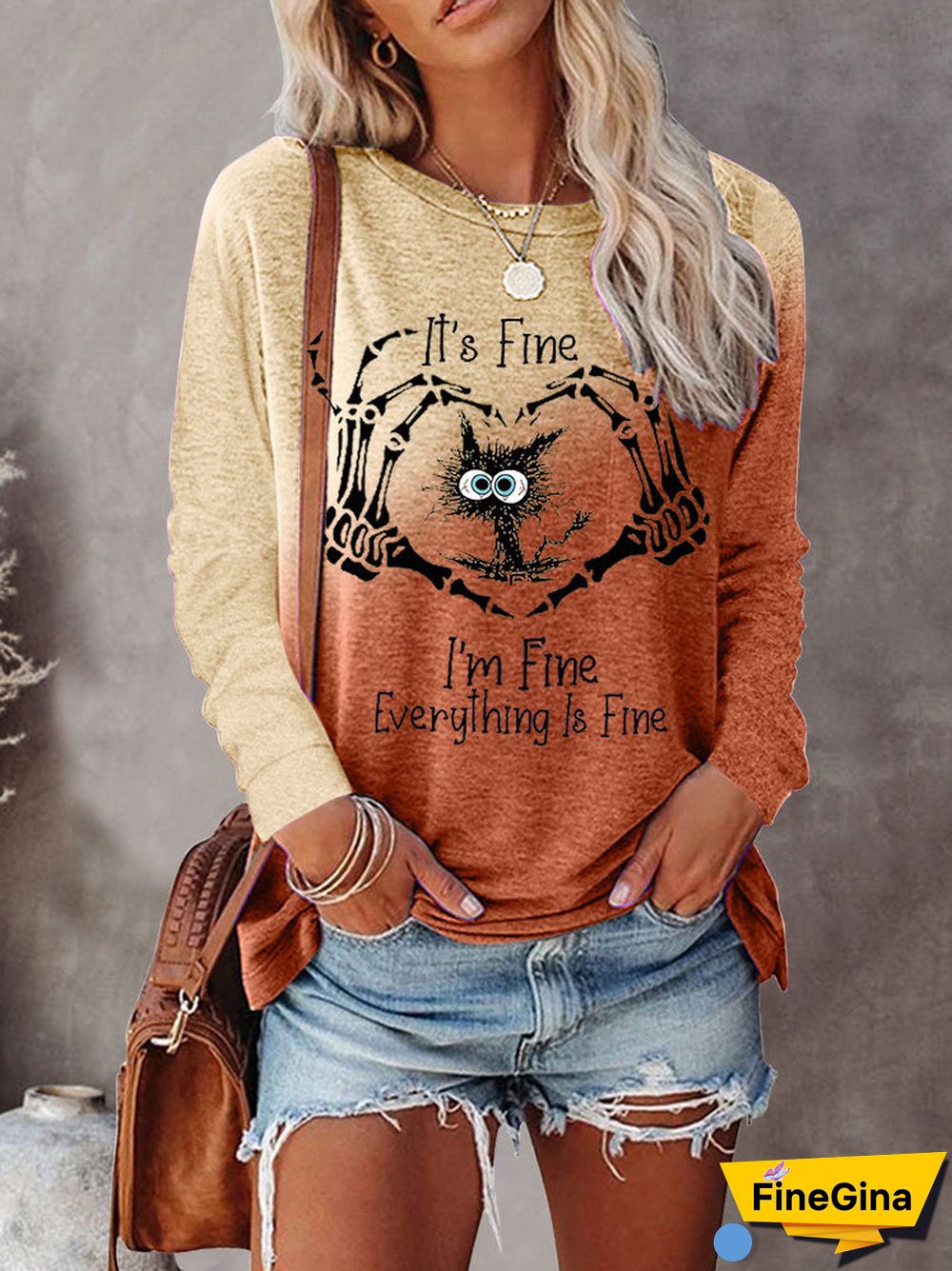 Women Long Sleeve Scoop Neck letter print Graphic Gradient Tops