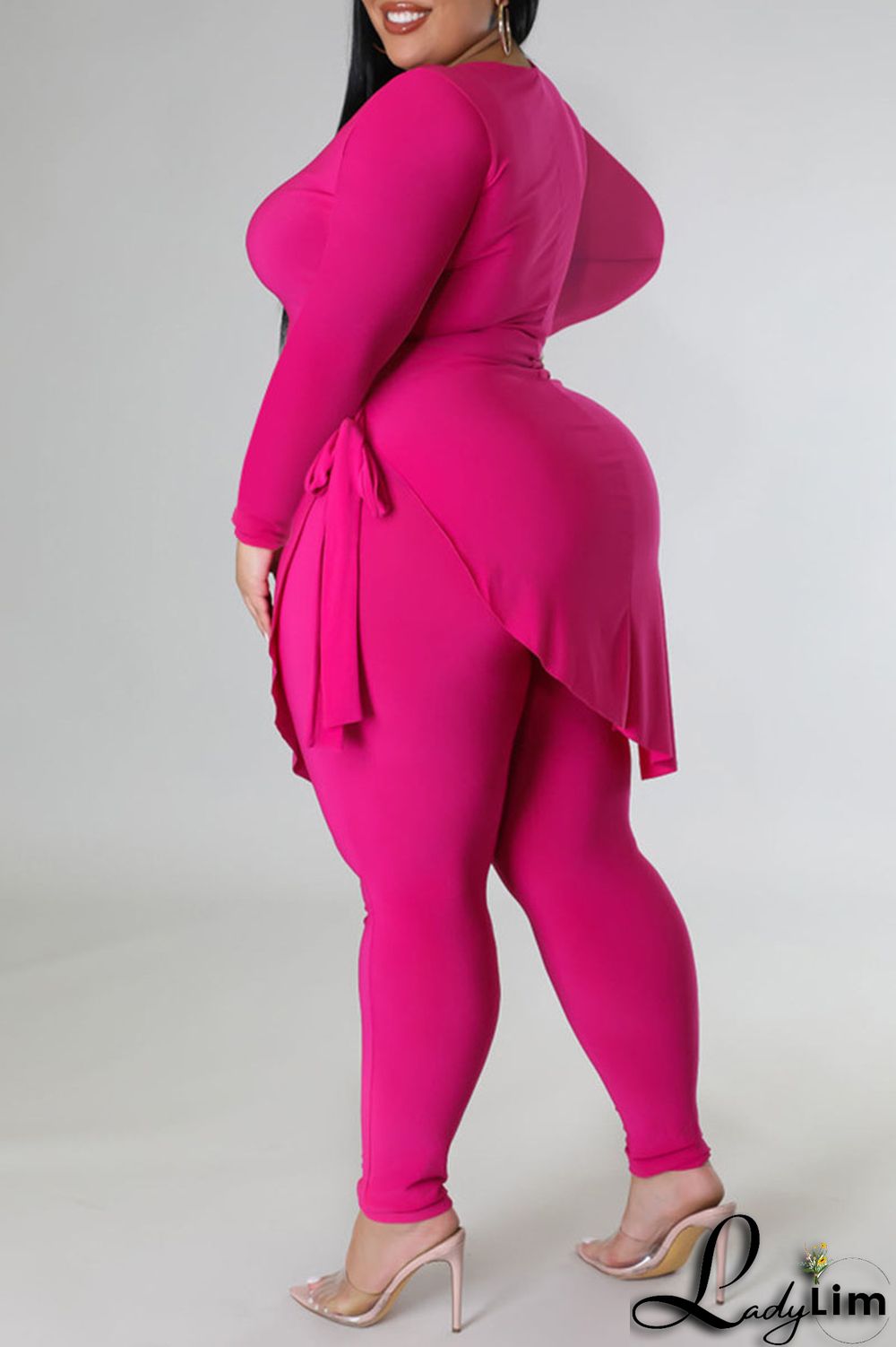 Rose Red Casual Solid Bandage Patchwork Asymmetrical O Neck Plus Size Two Pieces