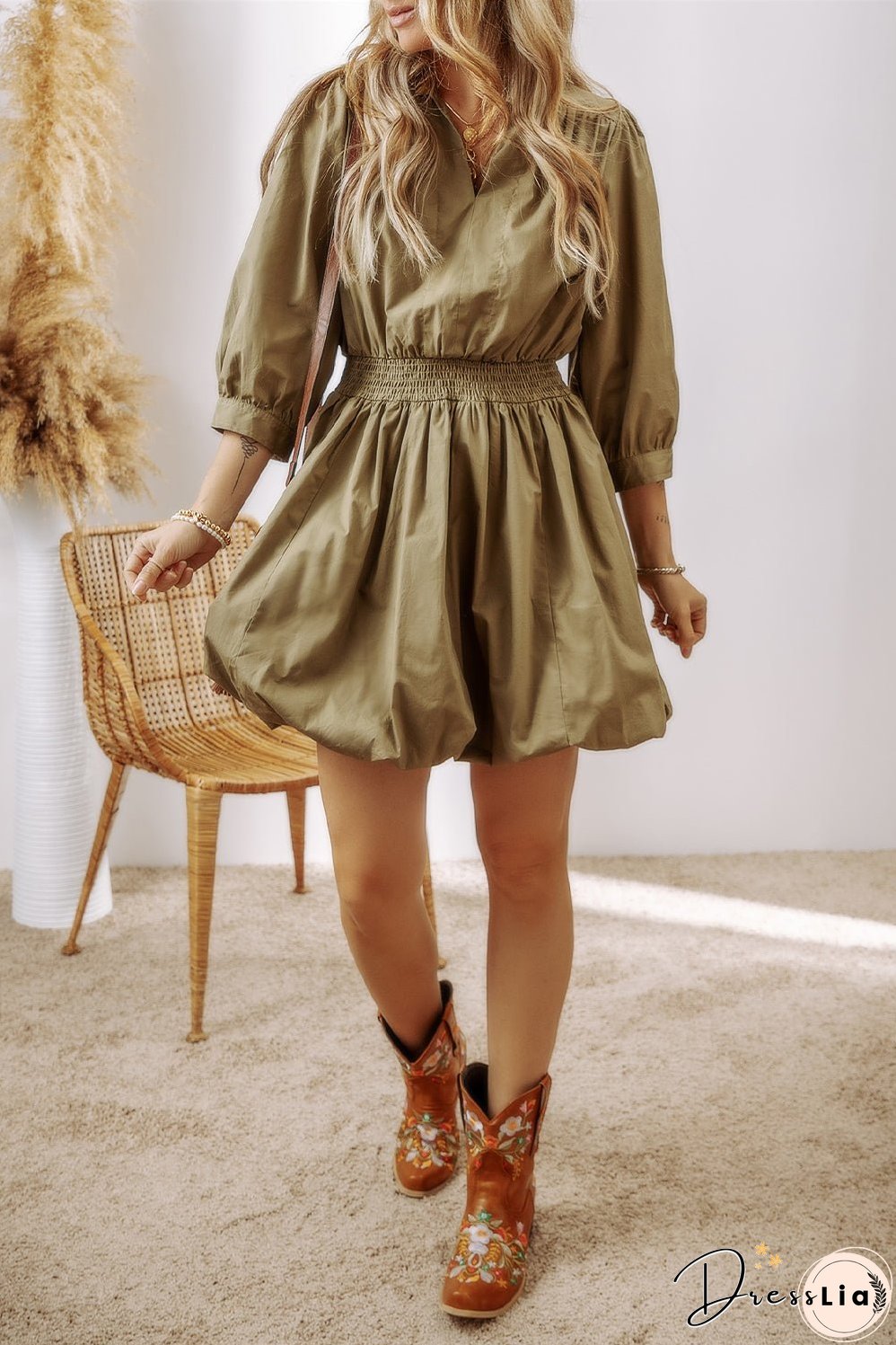 Smocked High Waist Mini Dress