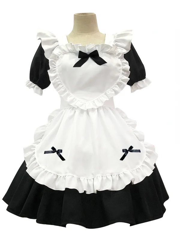 Lolita Heart Bowknot Short Sleeve Bubble Sleeve Square Neck Mini Maid Dress