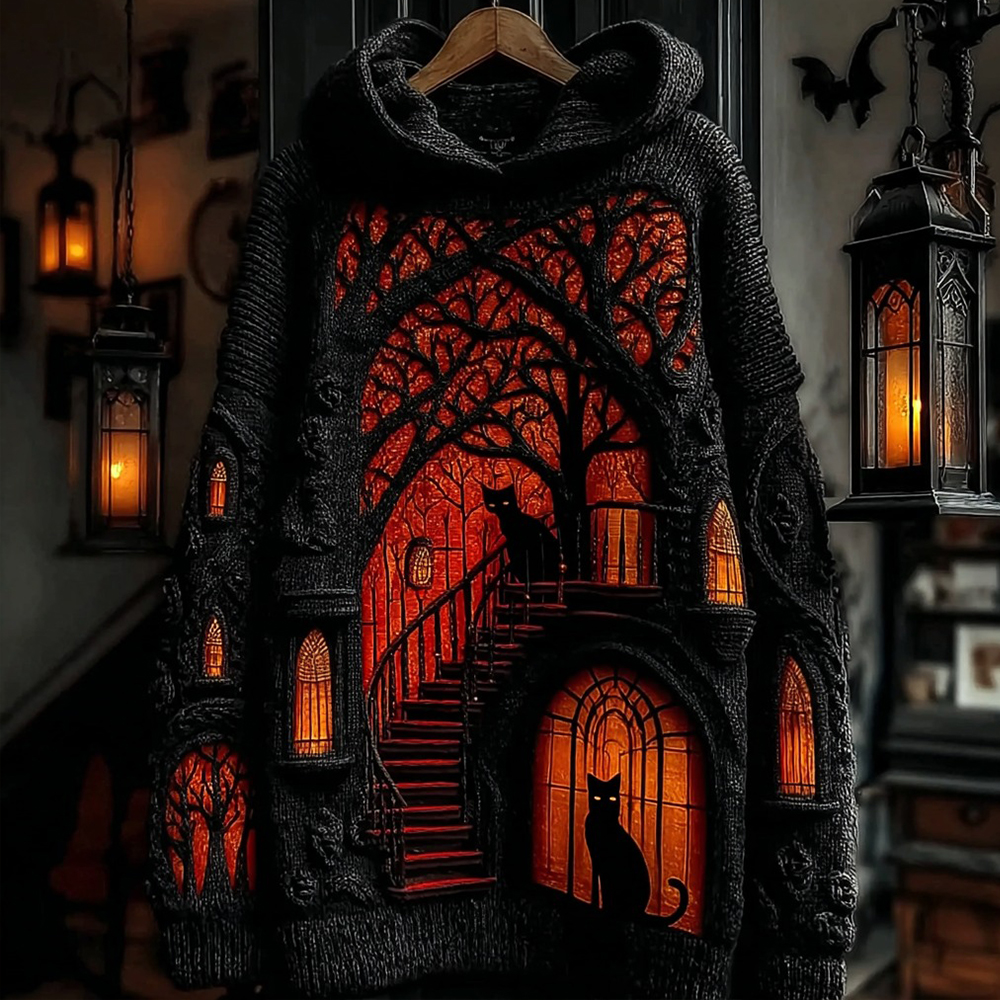 Universal Halloween Black Cat Fortress Pattern Knitted Warm Hooded Sweater elevenforest