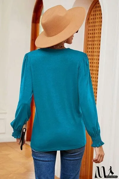 MidiSono - Lace Detail V-Neck Lantern Sleeve T-Shirt