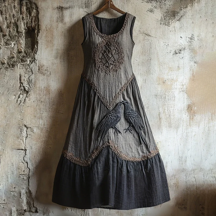Vintage Viking Tribal Raven Graphics Art Linen Tank Dress