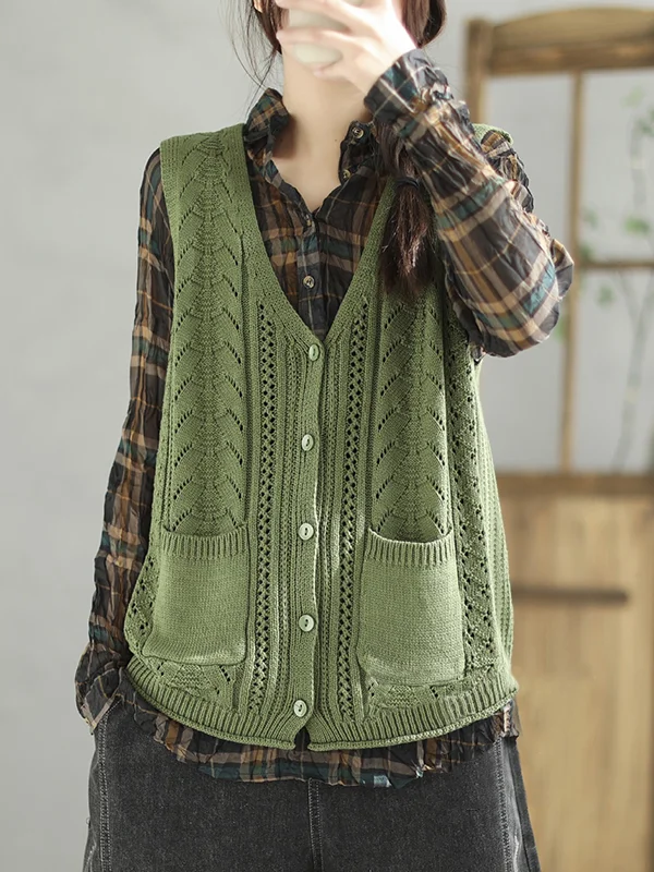Casual Loose Sleeveless Buttoned Hollow Solid Color V-Neck Vest Outerwear