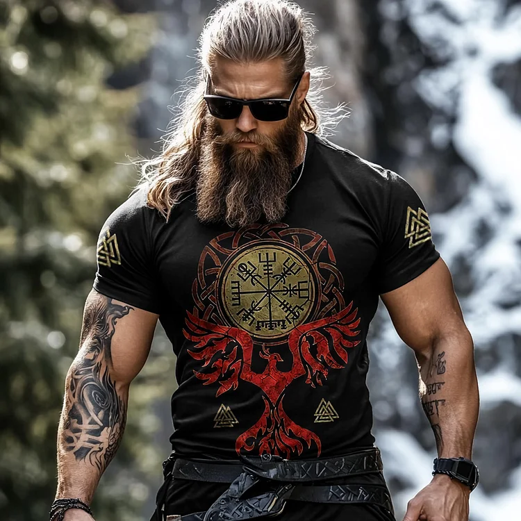 Men's Retro Viking Falcon Rune Print Short Sleeve T-shirt